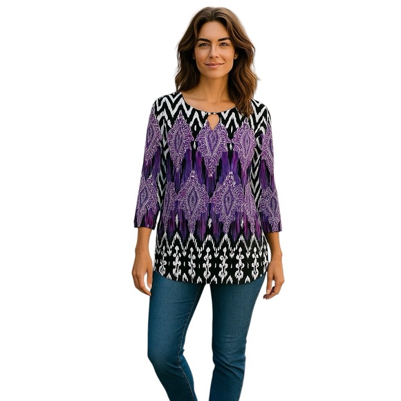 Chico’s Travelers Geometric Abstract Purple and Black Patterned Top Women Size L - Picture 1 of 8